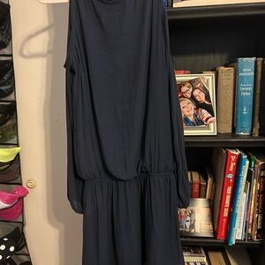 Mono B Blue Mock Neck Mini Dress open shoulder